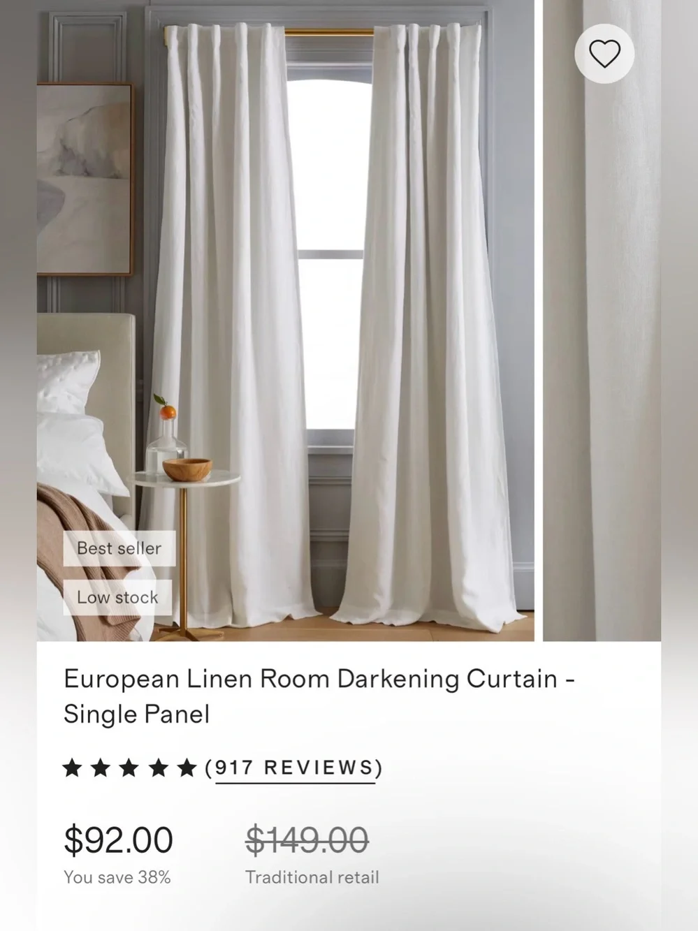 Quince European Linen Room Darkening Curtain - Single Panel